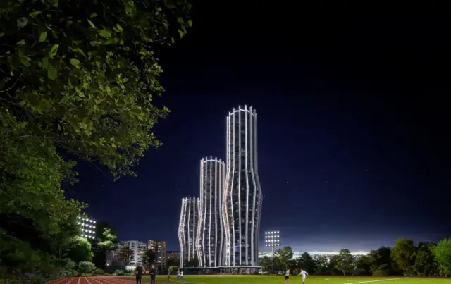 Alliance Highline towers illuminated at night