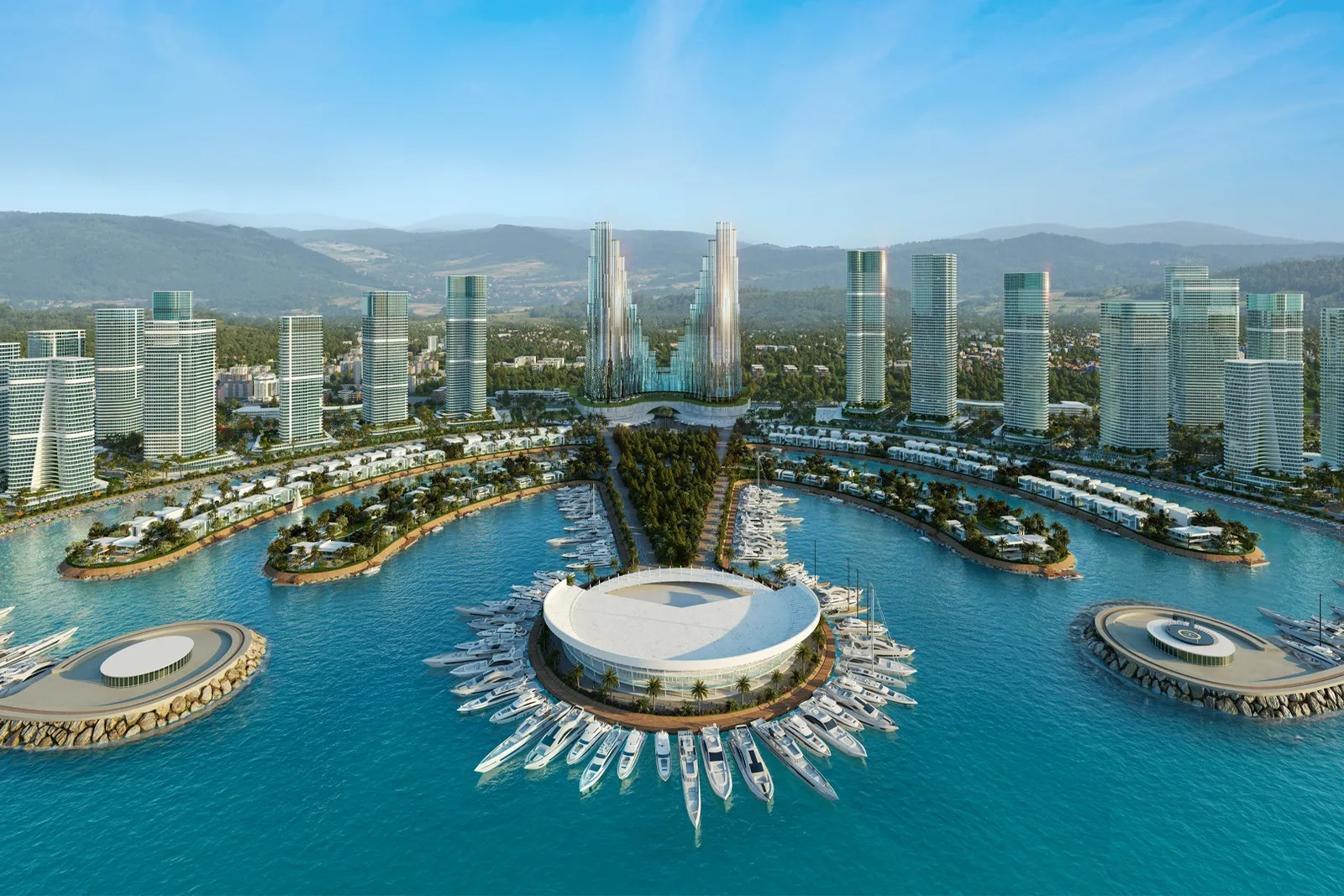 Aerial view of Ambassadori Batumi Island, the artificial island and its marina off the Batumi seafront
