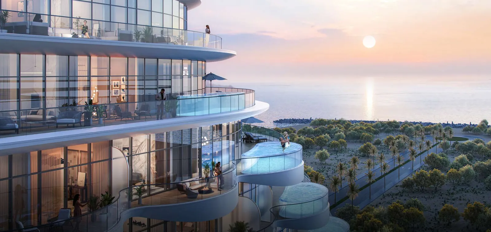 Exterior render of Aqua Arc balconies with private plunge pools at sunset