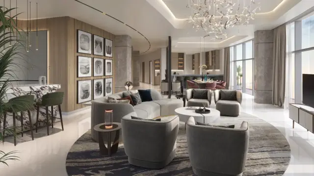 Living room interior render with sea view