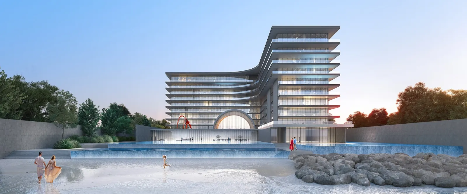 Armani Beach Residences, tower exterior at sunset