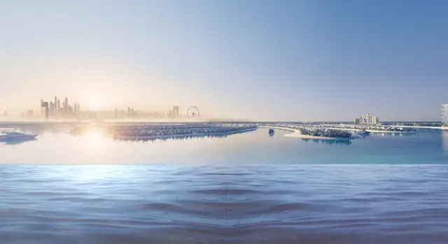 Armani Beach Residences, infinity pool with Dubai skyline view