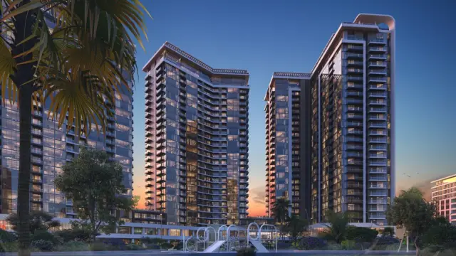 Artex Parkline towers at dusk with children's playground