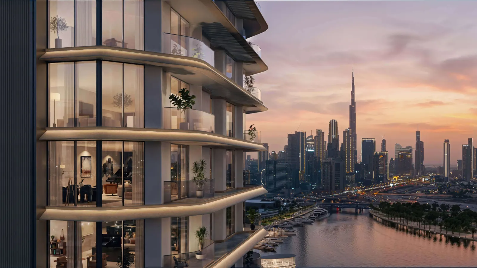 Artistry Two Residences balcony close-up with Dubai Canal and Downtown skyline at dusk