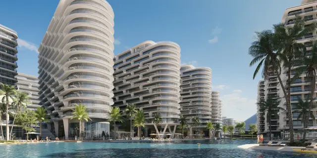 Azizi Venice towers and crystal lagoon pool
