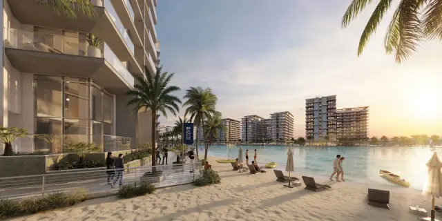 Azizi Venice beachfront promenade and lagoon at sunset