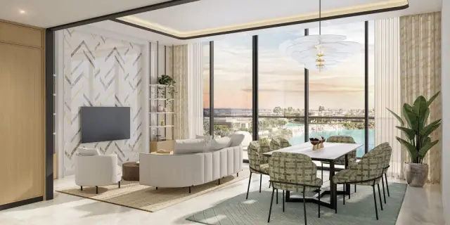 Azizi Venice apartment living and dining area with lagoon view