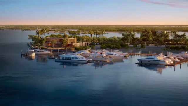 Yacht club and marina at sunset