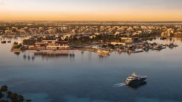 Aerial view of the marina clubhouse and berthed yachts