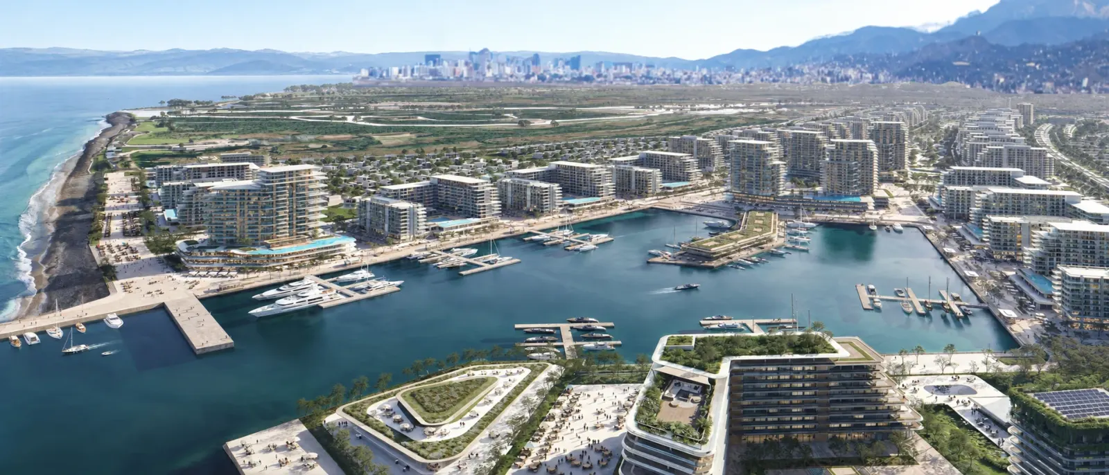 Aerial visualization of Batumi Yachts & Marina along the coastline