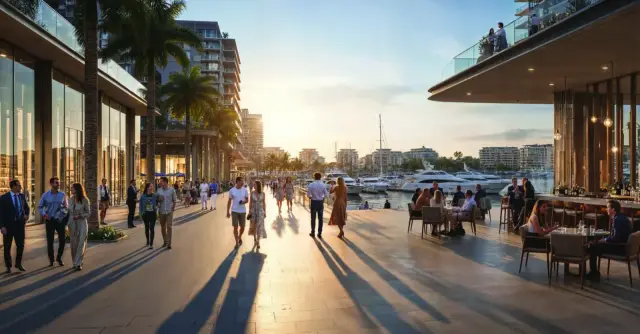 Waterfront promenade at dusk with people and yachts, Batumi Yachts & Marina