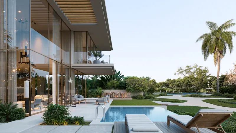 Bay Estate في Dubai Islands، صورة تخيلية من المطور، تراس فيلا بحديقة