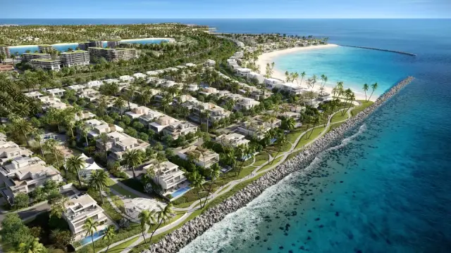 Aerial render of Bay Villas beachfront villa community, Dubai Islands