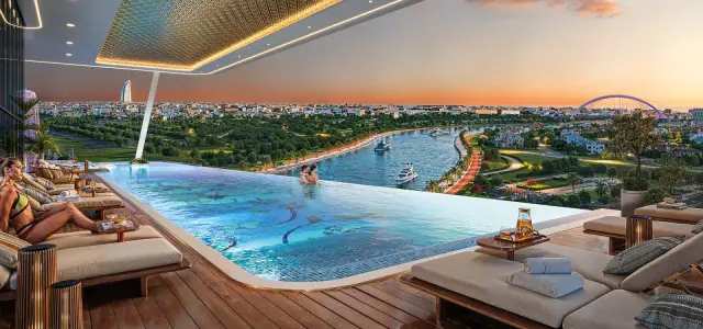 Bayz 102, rooftop infinity pool at sunset
