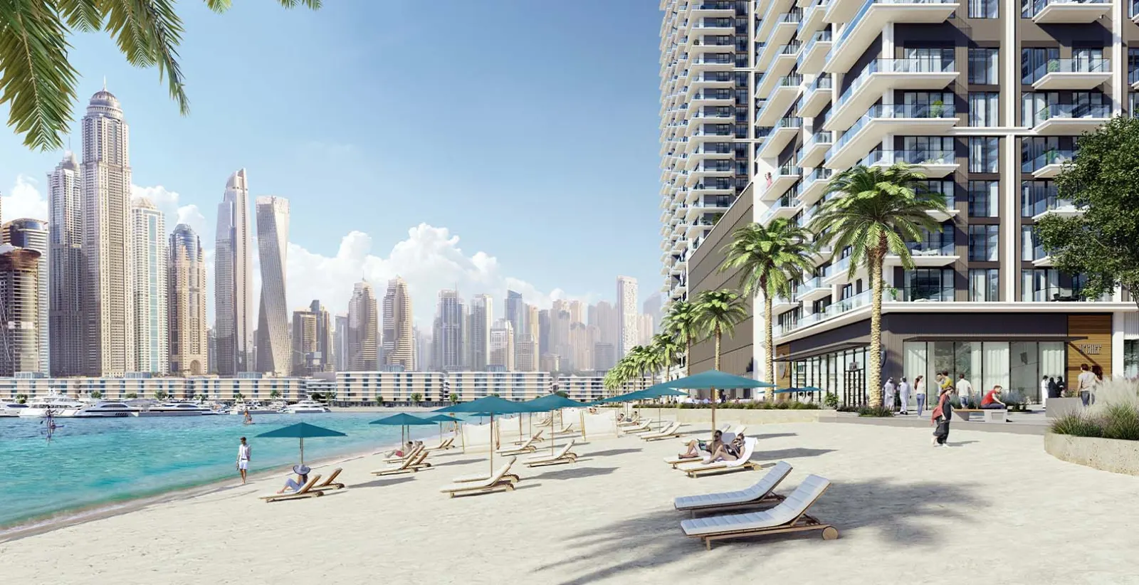 Beach Mansion beachfront exterior with Dubai Marina skyline