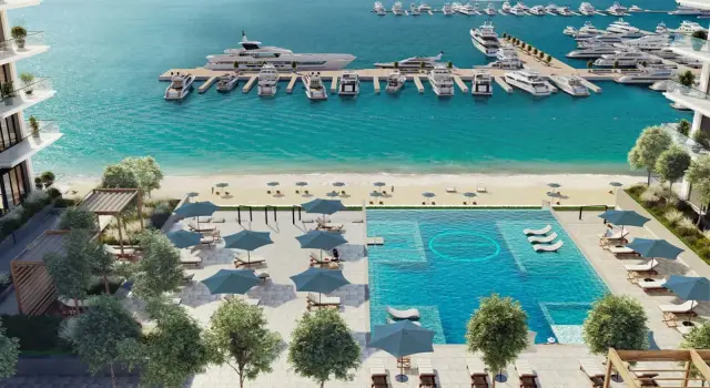 Aerial view of Beach Mansion pool deck and private marina