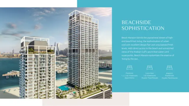 Beach Mansion twin towers exterior with Dubai Marina backdrop