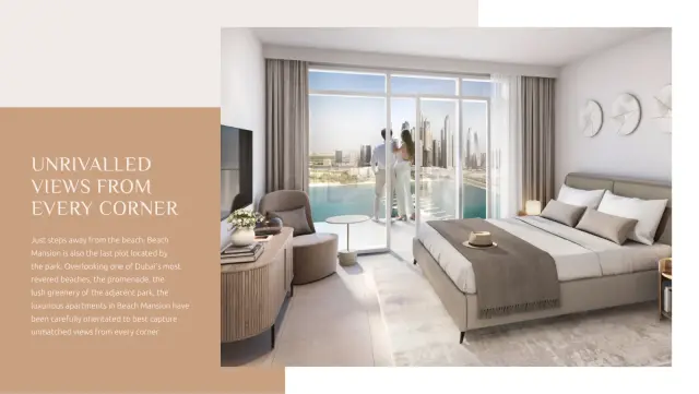 Beach Mansion bedroom interior with sea view balcony