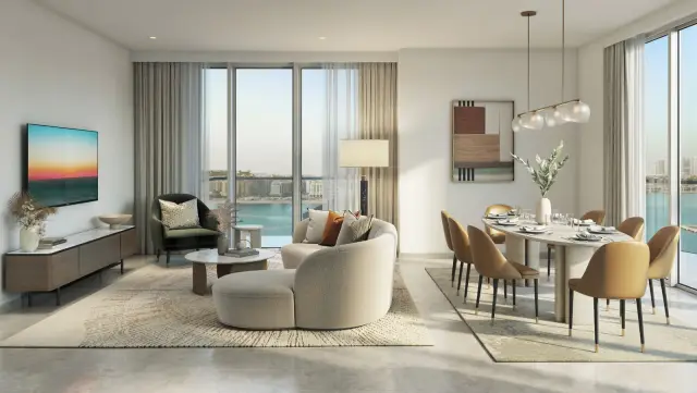Beachgate by Address open plan living and dining room with sea views
