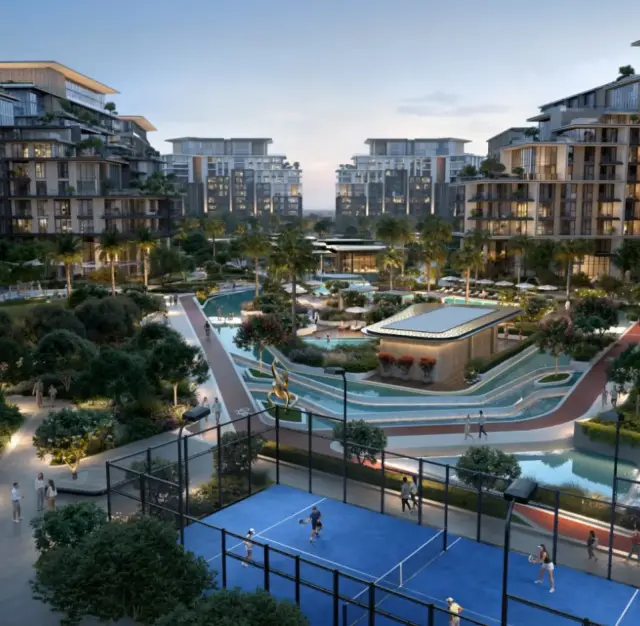 City Walk Crestlane, aerial view of pools and padel courts