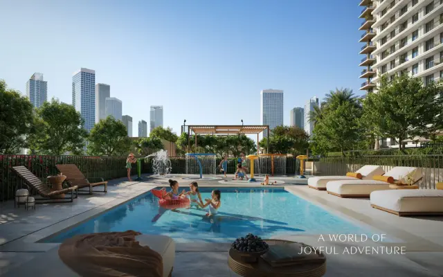 Creek Haven living room interior with skyline view
