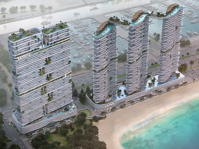 DAMAC Bay 2 by Cavalli aerial view of towers, marina and beach