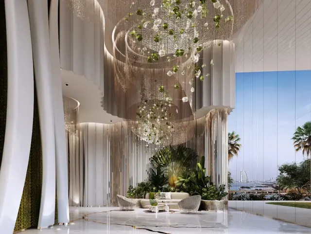 DAMAC Bay 2 by Cavalli lobby interior with chandelier and Burj Al Arab view