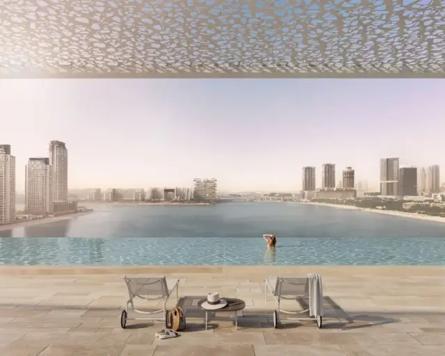 Dubai Harbour Residences rooftop infinity pool with skyline view