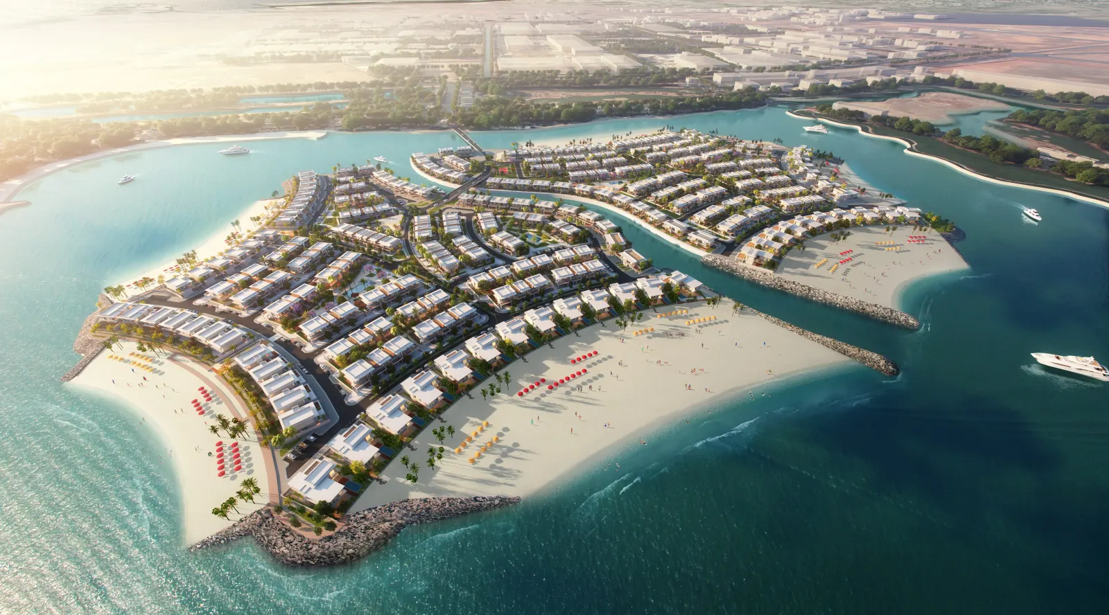 Aerial view of the Falcon Island twin-island community