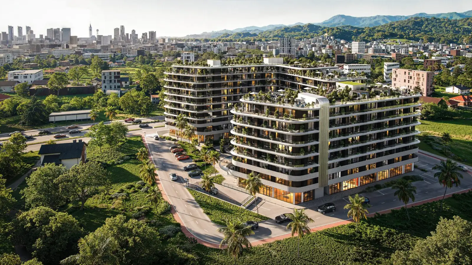 Gate by Artex exterior render with mountain and city backdrop