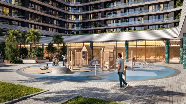 Gate by Artex courtyard and children's play area