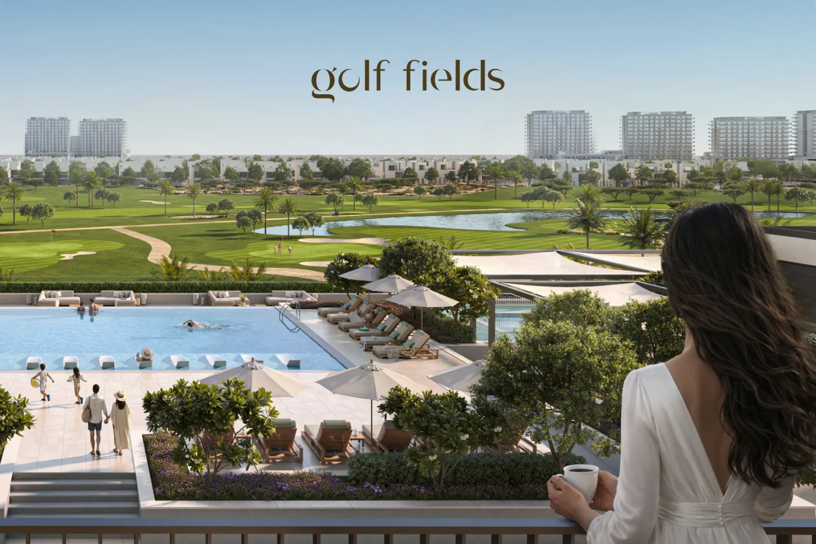 Golf Fields residential towers framed by golf course