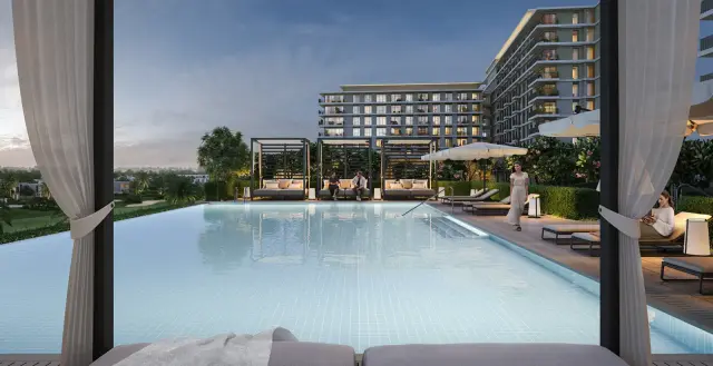 Golf Hills 2 pool terrace at dusk