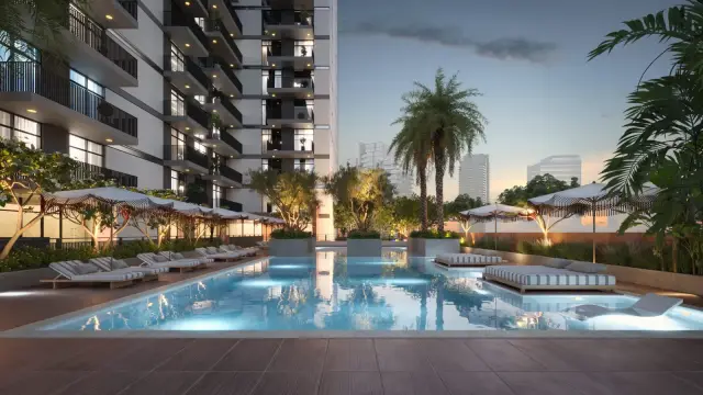 Hadley Heights swimming pool deck at dusk