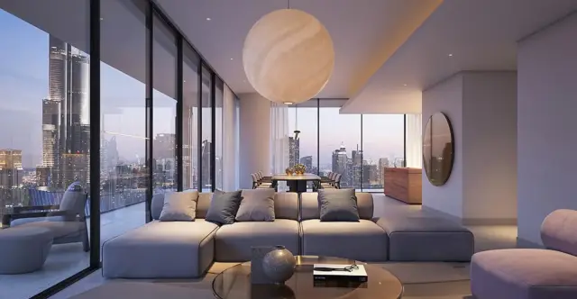 Inaura, bedroom interior with Downtown Dubai view