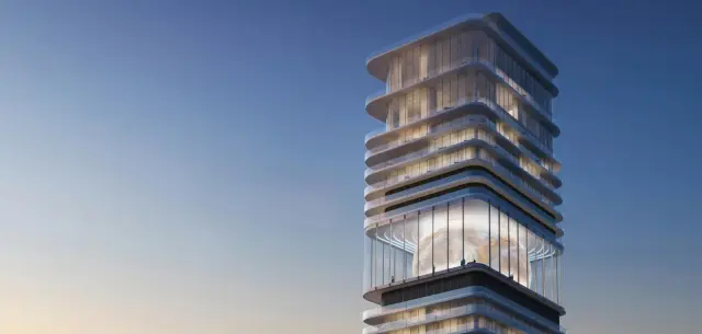 Inaura tower facade close-up at dusk