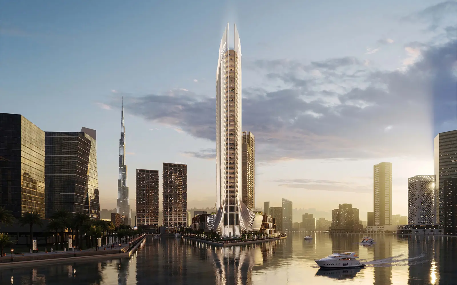 Jumeirah Living Business Bay, tower exterior at sunset with Burj Khalifa