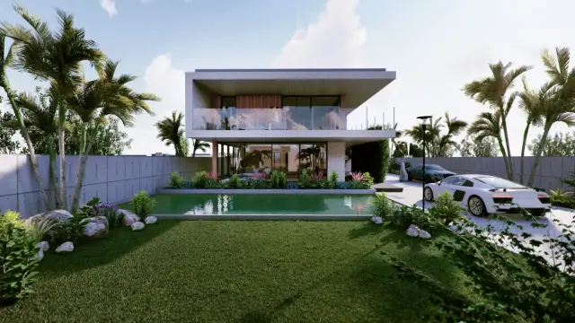 La Mer Maisons villa exterior with pool, rear garden view