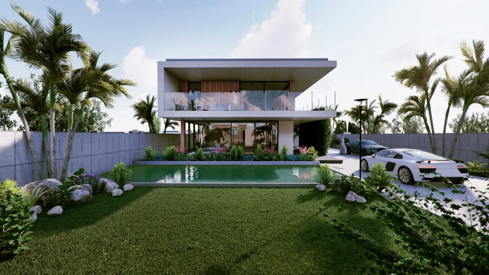 La Mer Maisons villa exterior with pool, rear garden view