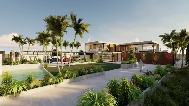 La Mer Maisons villa exterior with pool and landscaped driveway