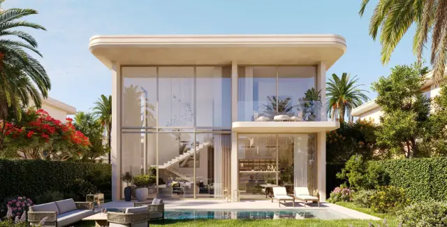 Villa terrace and private pool at sunset