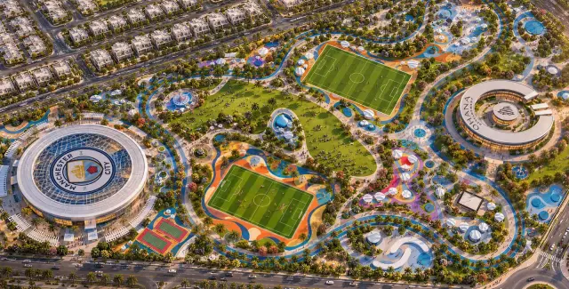 Aerial view of Manchester City Park with football pitches