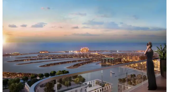 Marina Vista rooftop terrace view of Palm Jumeirah at sunset