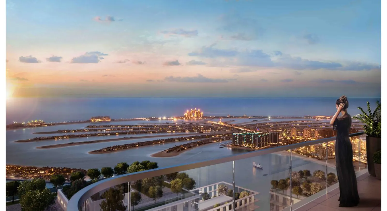 Marina Vista rooftop terrace view of Palm Jumeirah at sunset