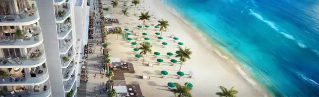 Marina Vista beachfront aerial with towers and shoreline