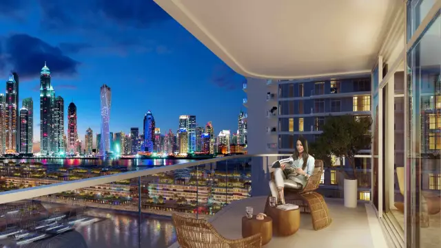 Marina Vista balcony at dusk overlooking Dubai Marina skyline
