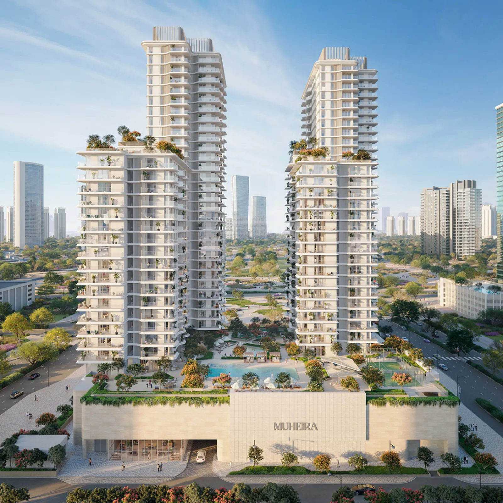 Muheira twin towers above a retail podium