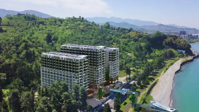 Aerial view of the Mziuri Gardens complex set between forested hills and the shoreline