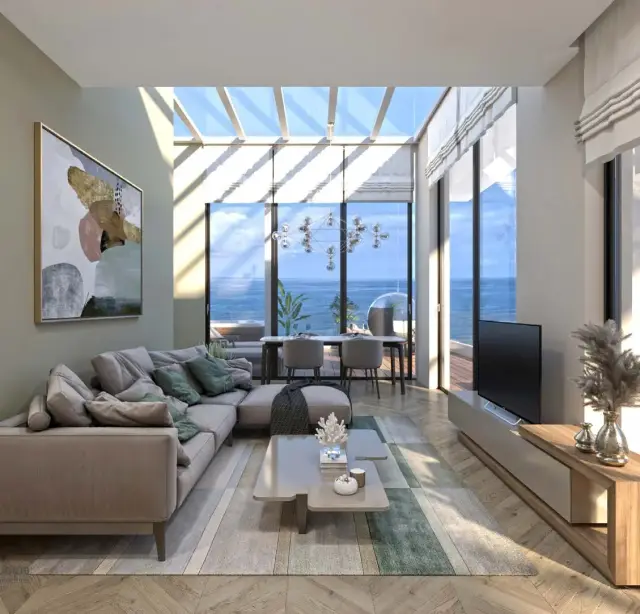 Bright living room in a Mziuri Gardens apartment with sea views