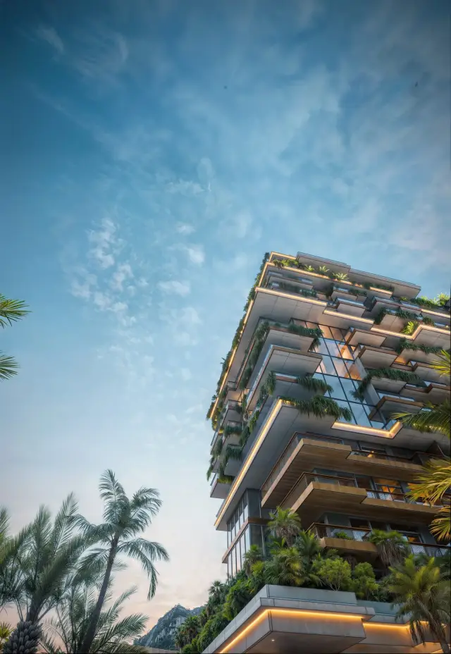 NEXT Gardens tower facade, low angle view with palm trees